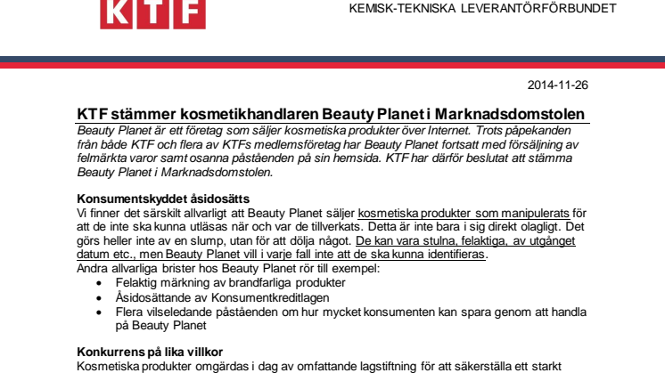 KTF stämmer kosmetikhandlaren Beauty Planet i Marknadsdomstolen