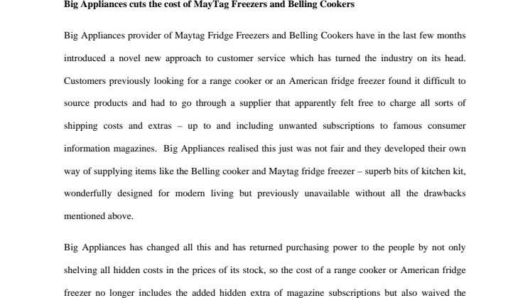 Big Appliances cuts the cost of MayTag Freezers and Belling Cookers 