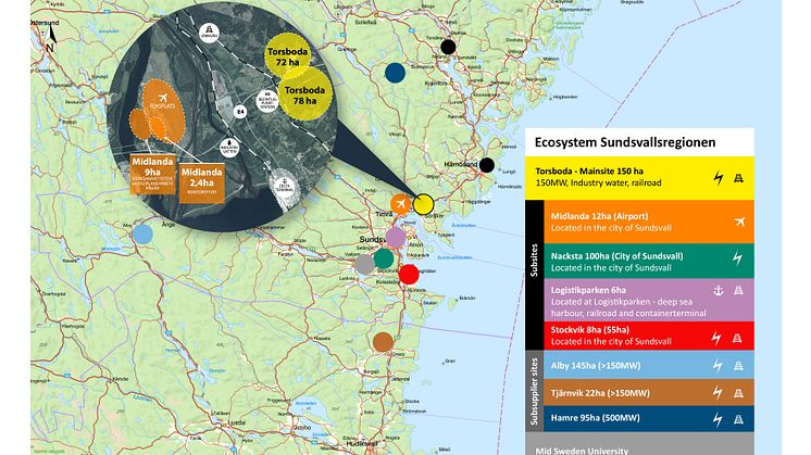 Kartan visar Sundsvallsregionens ekosystem för batteritillverkning med Torsboda i Timrå kommun som huvudplats. Det finns även ytor och siter vid Midlanda, Nacksta, Logistikparken, Stockvik, Alby, Tjärnvik och Hamre.