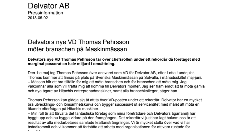Delvators nye VD Thomas Pehrsson möter branschen på Maskinmässan 