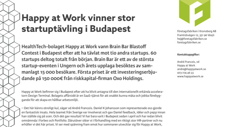 Happy at Work vinner stor startuptävling i Budapest