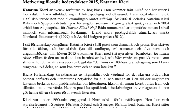 Katarina Kieri, motivering hedersdoktor Luleå tekniska universitet