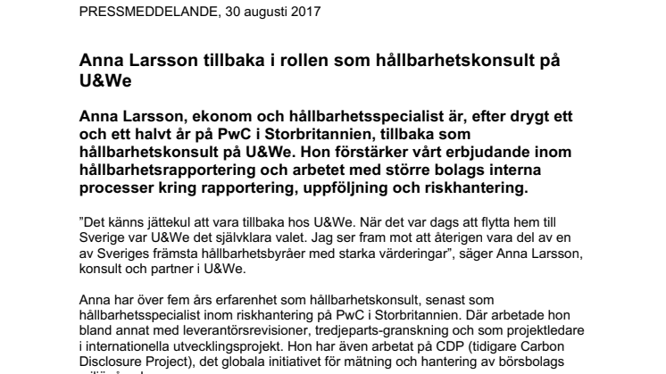 Anna Larsson tillbaka i rollen som hållbarhetskonsult på U&We