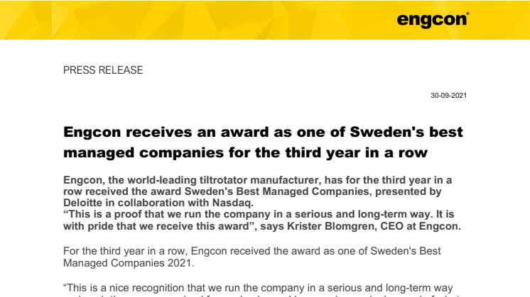 300921_Press_Engcon receives an award as one of Sweden's best managed companies for the third year in a row