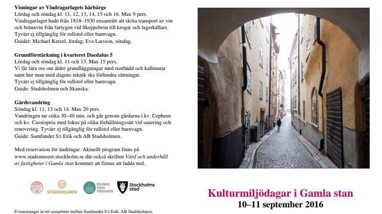 Program Kulturmiljödagar i Gamla stan 10-11 september 2016