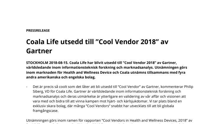 Coala Life utsedd till ”Cool Vendor 2018” av Gartner 
