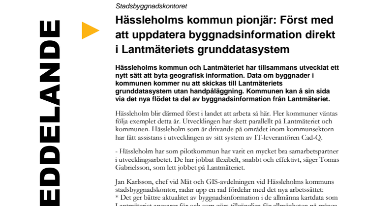 Hässleholms kommun pionjär: Först med att uppdatera byggnadsinformation direkt i Lantmäteriets grunddatasystem