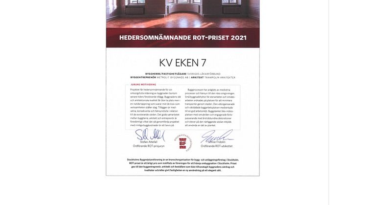 Kv Eken 7, Hedersomnämnande ROT-priset 2021