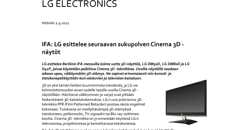 IFA: LG esittelee seuraavan sukupolven Cinema 3D -näytöt