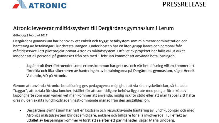 Atronic levererar måltidssystem till Dergårdens gymnasium i Lerum