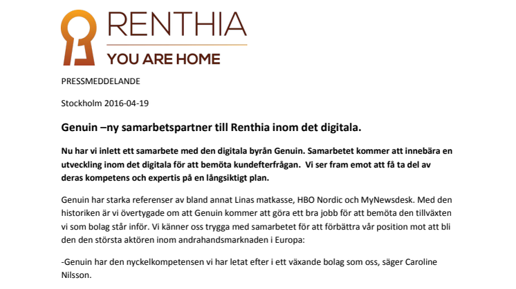 Genuin –ny samarbetspartner till Renthia inom det digitala