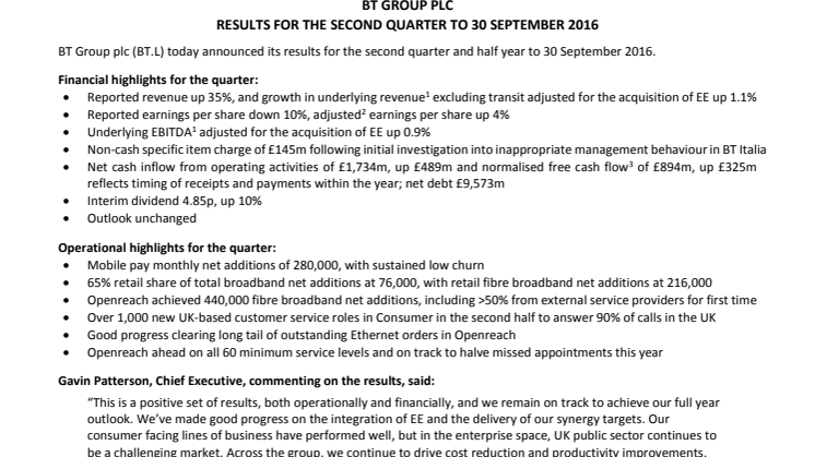Results for the second quarter to 30 September 2016