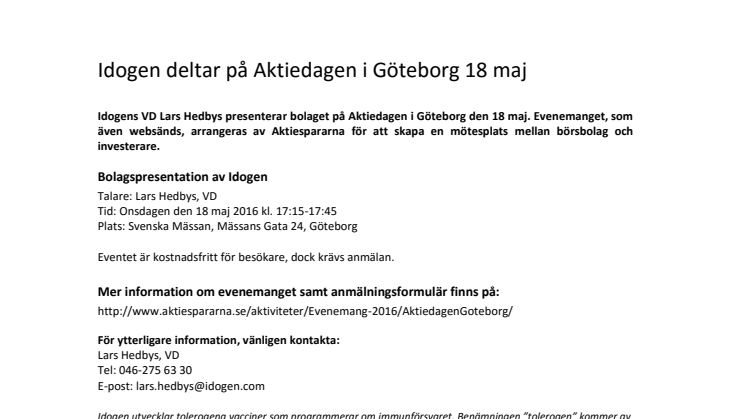 Idogen deltar på Aktiedagen i Göteborg 18 maj