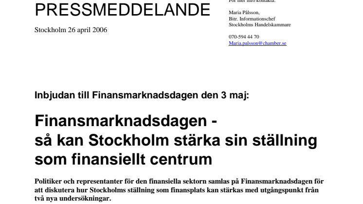 Inbjudan till Finansmarknadsdagen den 3 maj: Så kan Stockholm stärka sin ställning som finansiellt centrum