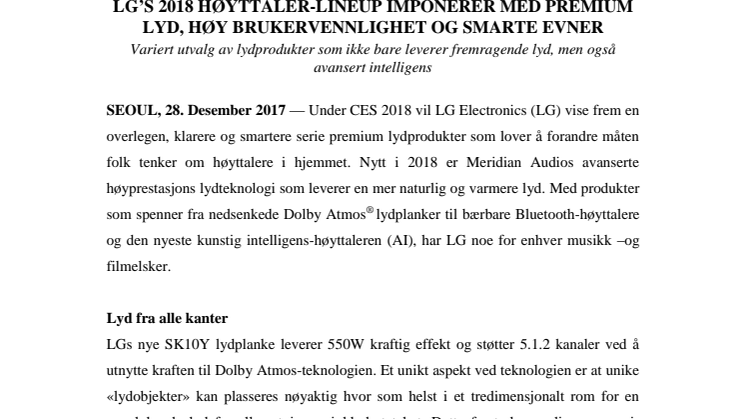 LG’S 2018 HØYTTALER-LINEUP IMPONERER MED PREMIUM LYD, HØY BRUKERVENNLIGHET OG SMARTE EVNER