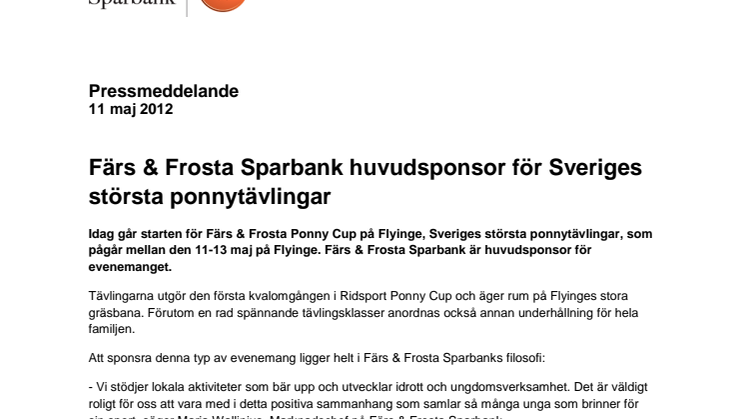 Färs & Frosta Sparbank huvudsponsor för  ponnytävlingar på Flyinge