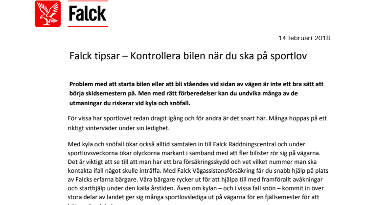 Falck tipsar – Kontrollera bilen när du ska på sportlov