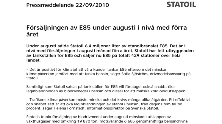 Försäljningen av E85 under augusti i nivå med förra året