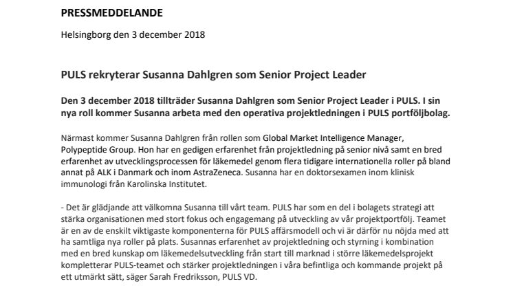 PULS rekryterar Susanna Dahlgren som Senior Project Leader