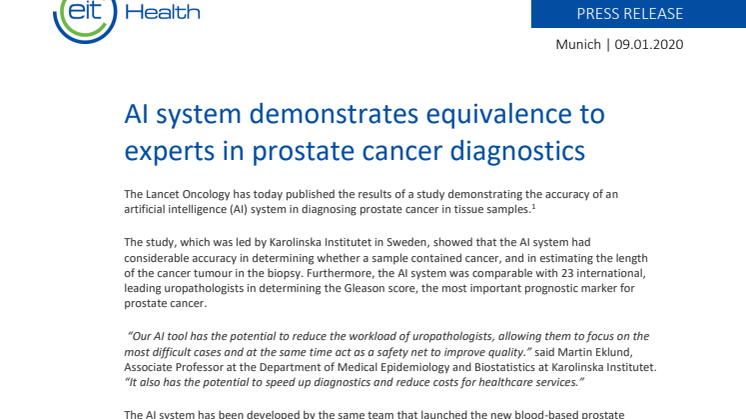 ENGLISH PR: AI system demonstrates equivalence to experts in prostate cancer diagnostics