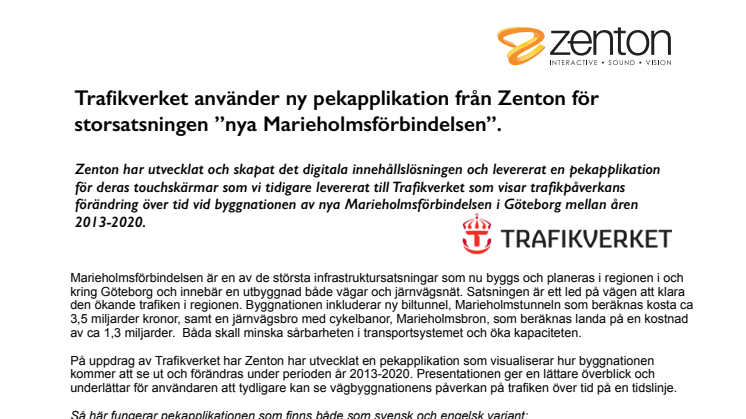 Trafikverket använder ny pekapplikation från Zenton för storsatsningen ”nya Marieholmsförbindelsen”.