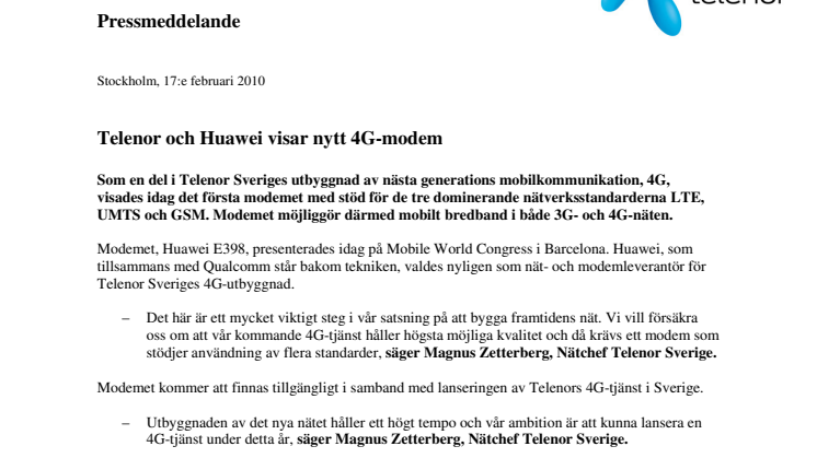 Telenor och Huawei visar nytt 4G-modem