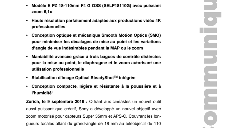 Sony présente son nouvel objectif 18-110 mm avec zoom motorisé pour capteurs Super 35mm et APS-C