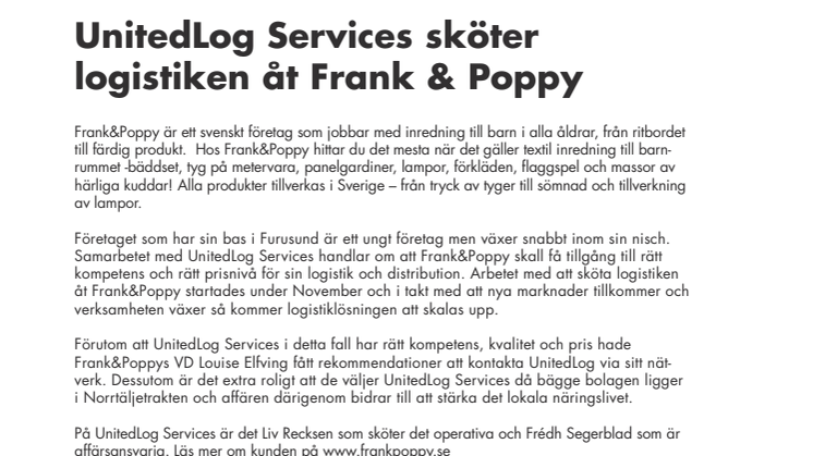 UnitedLog Services sköter logistiken åt Frank & Poppy