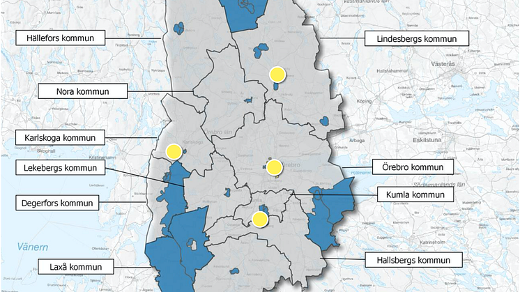 Länets kulturskolor får stöd för att bedriva verksamhet i resurssvaga områden i Lindesberg, Örebro, Karlskoga och Hallsberg - de gula markeringarna.