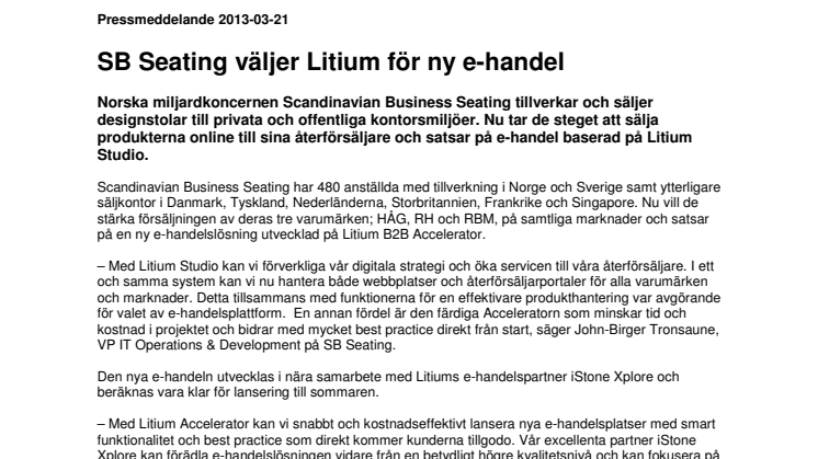 SB Seating väljer Litium för ny e-handel