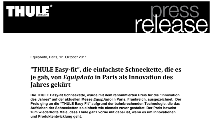 “THULE Easy-fit”, die einfachste Schneekette, die es je gab, von EquipAuto in Paris als Innovation des Jahres gekürt