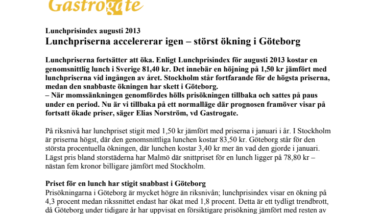 Lunchprisindex augusti 2013 - störst ökning i Göteborg 
