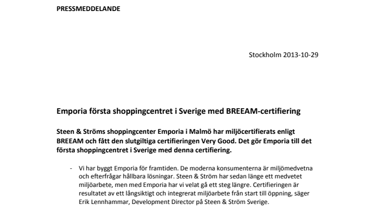 Emporia första shoppingcentret i Sverige med BREEAM-certifiering