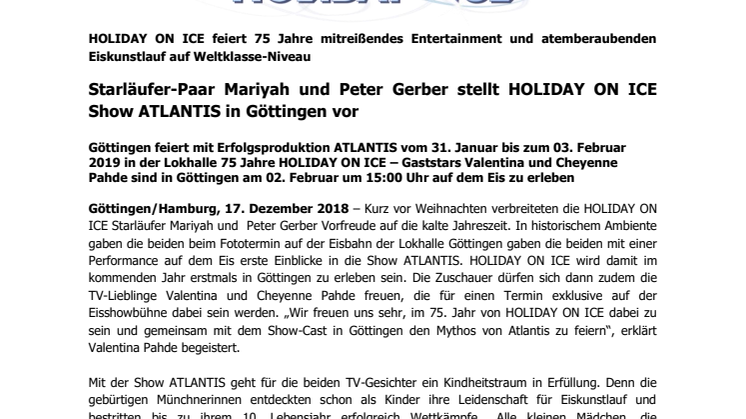 Starläufer-Paar Mariyah und Peter Gerber stellt HOLIDAY ON ICE Show ATLANTIS in Göttingen vor