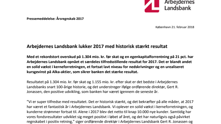 Arbejdernes Landsbank lukker 2017 med historisk stærkt resultat