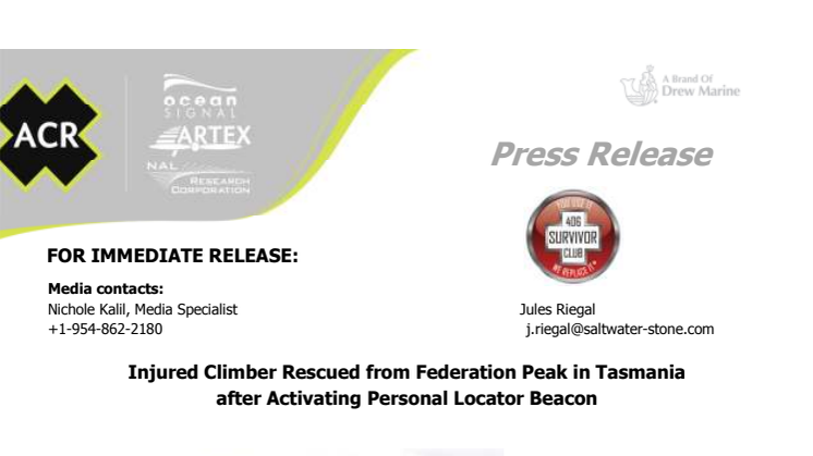 Injured Climber Rescued from Federation Peak in Tasmania after Activating Personal Locator Beacon