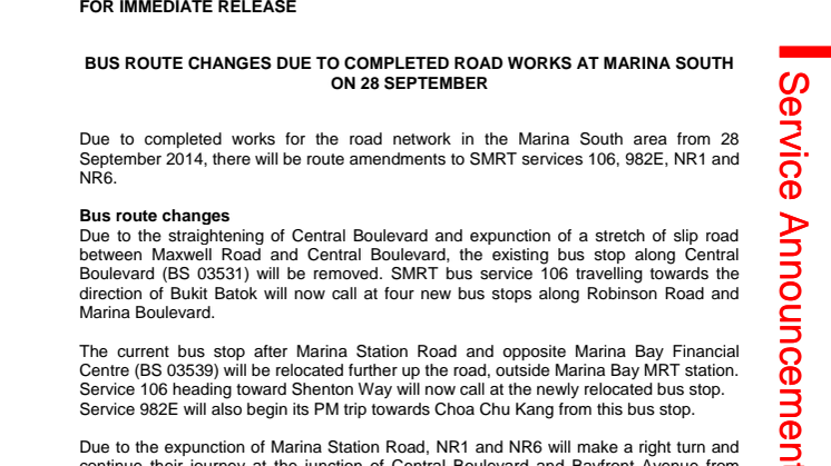 Bus Route Changes due to Completed Road Works at Marina South on 28 September 2014