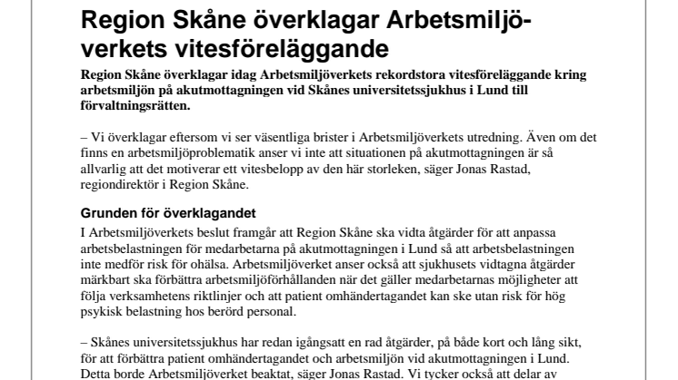 Region Skåne överklagar Arbetsmiljö-verkets vitesföreläggande 