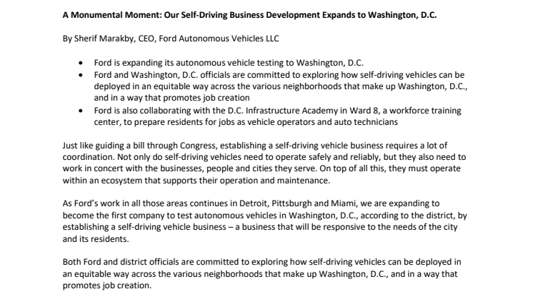 Fords selvkørende testprojekt indtager nu Washington D.C.