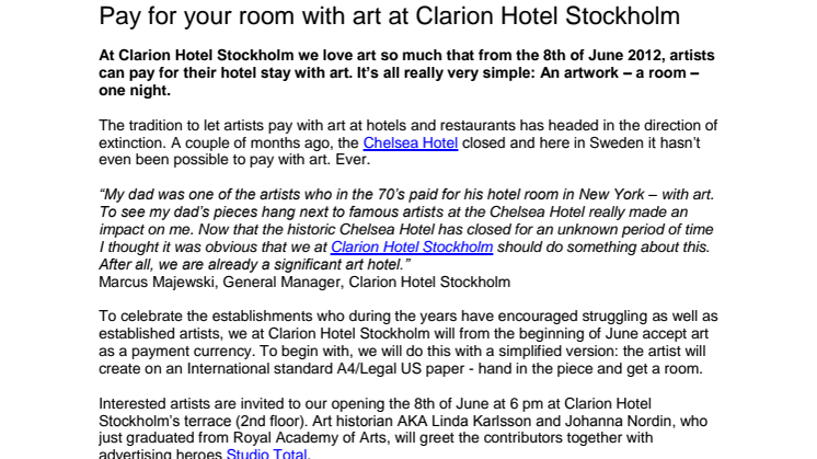 Pay for your room with art at Clarion Hotel Stockholm