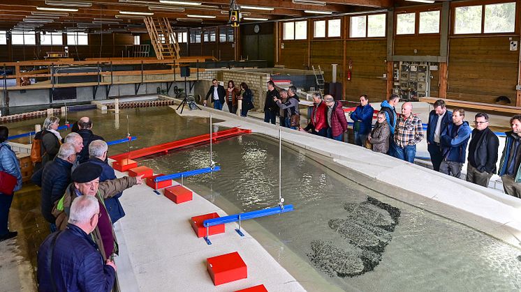 Versuchsaufbau der Donau in Obernach: Viele Donauwörtherinnen und Donauwörther nutzten die Gelegenheit, live beim Testlauf dabei zu sein. (Foto: LEW / Thorsten Franzisi)