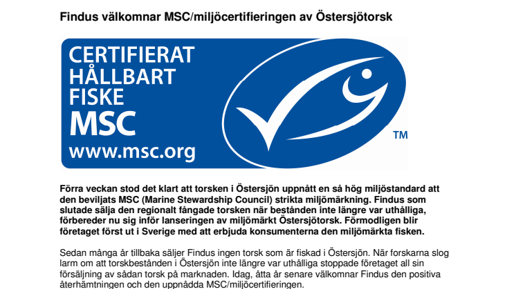 Findus välkomnar MSC/miljöcertifieringen av Östersjötorsk
