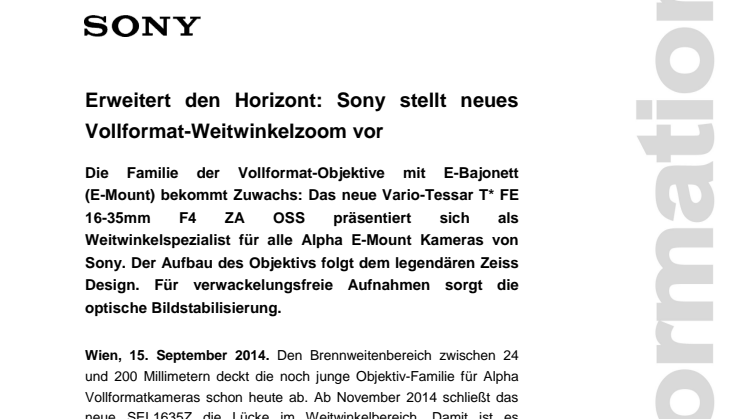 Pressemitteilung "Erweitert den Horizont: Sony stellt neues Vollformat-Weitwinkelzoom vor"