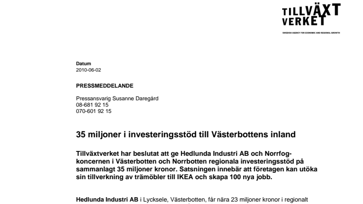35 miljoner i investeringsstöd till Västerbottens inland