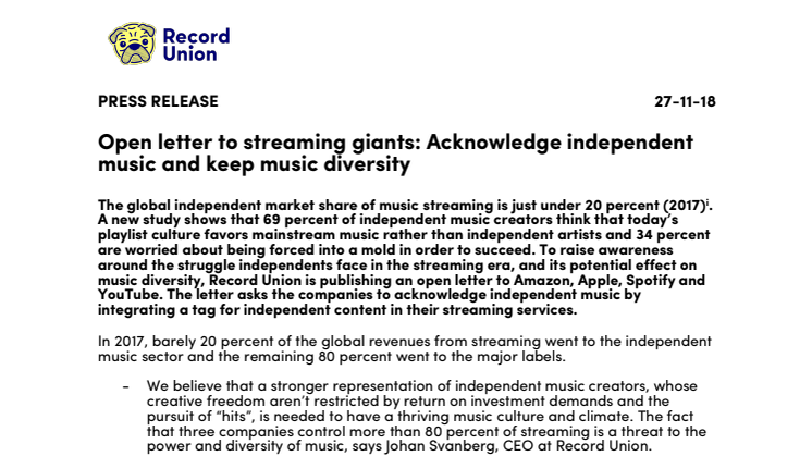 Open letter to streaming giants: Acknowledge independent music and keep music diversity  