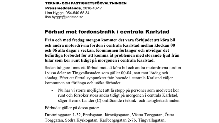 Förbud mot fordonstrafik i centrala Karlstad