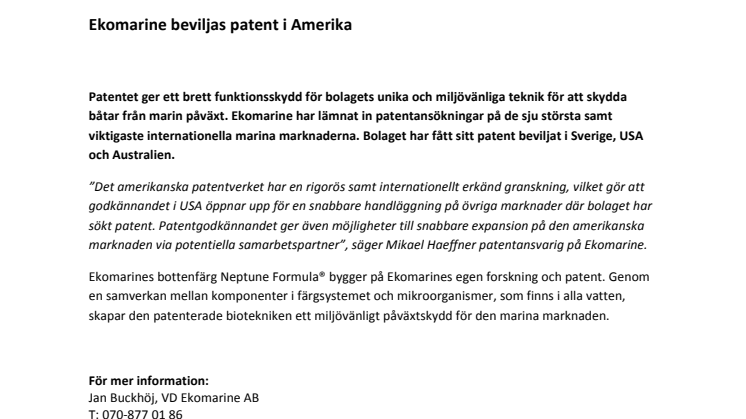 Ekomarine  beviljas  patent  i  Amerika 