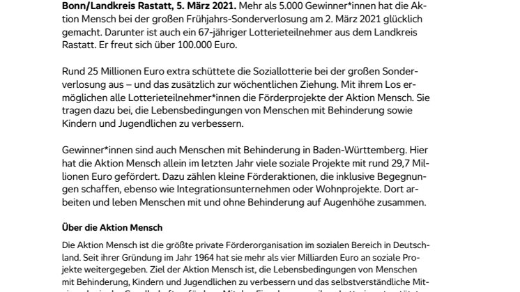 Landkreis Rastatt: Glückspilz gewinnt 100.000 Euro bei der Frühjahrs-Sonderverlosung der Aktion Mensch