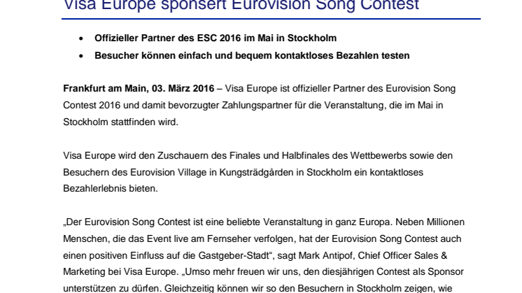 Visa Europe sponsert Eurovision Song Contest