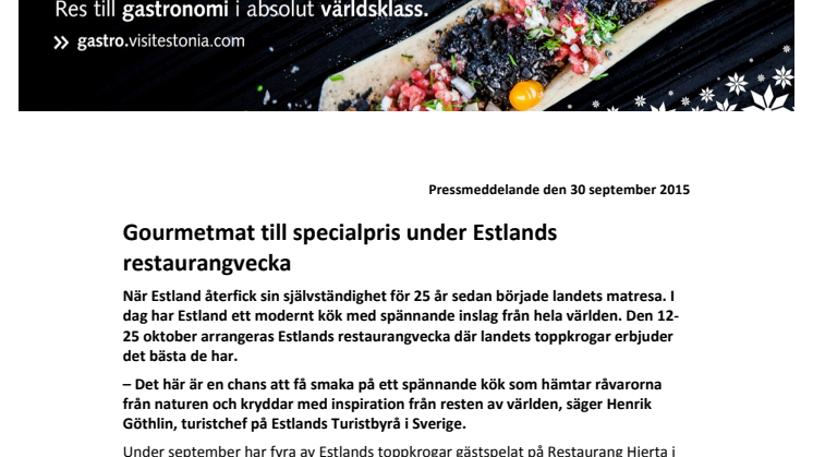 Gourmetmat till specialpris under Estlands restaurangvecka